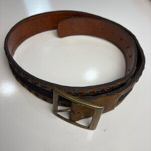 VTG Bechelli Mens Hand-Laced Steerhide Leather Denim‎ Belt Brass Buckle- Size 36